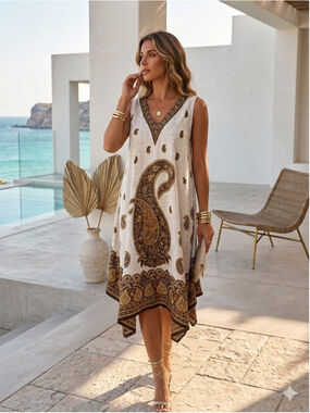 ANA & KATE Paisley Boho Sharkbite Hem Kaftan Dress One Size Coastal Resortwear